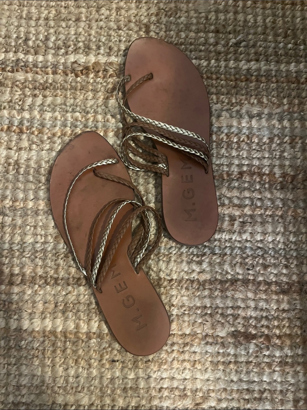 M. Gemi Braided Leather Slide Sandals in Metallic Gold and Tan